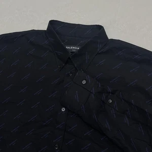 Balenciaga Shirt Mens XL Black Blue All Over Print AOP Logo Button Up Italy - Picture 1 of 18
