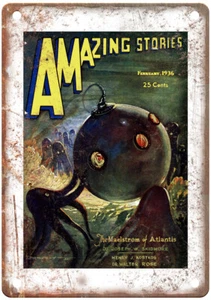 1936 Pulp Cover Amazing Stories v10 n08 Retro Look Riproduzione Insegna Metallo J1043 - Foto 1 di 2