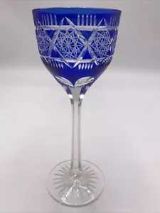 Bohemian Crystal 7 1/2" Tall Wine Goblet Hock Glass Cut to Clear Blue Snowflake - Picture 1 of 6