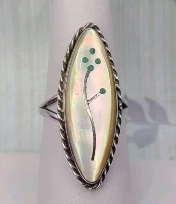 Anillo con incrustación de fregona de plata esterlina 925 nativo americano Zuni 6,75/7 Foto 1 de 4