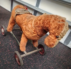 ANTIQUE VINTAGE RIDING BROWN PONY ON WHEELS - Picture 1 of 6