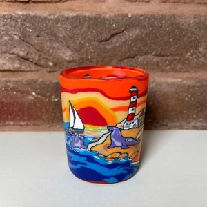 Leuchtglas mit Motiv Seaside, Teelichtglas von Kerzenfarm Hahn, D58mm H65mm - Bild 1 von 2