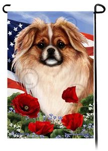 Patriotic Flowers Garden Flag - Fawn Sable and White Tibetan Spaniel - Picture 1 of 1