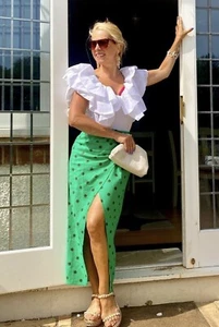❤️Zara LINEN BLEND High-Waist Ruffled Slit Green Brown POLKA DOT Skirt sz S SALE - Picture 1 of 4
