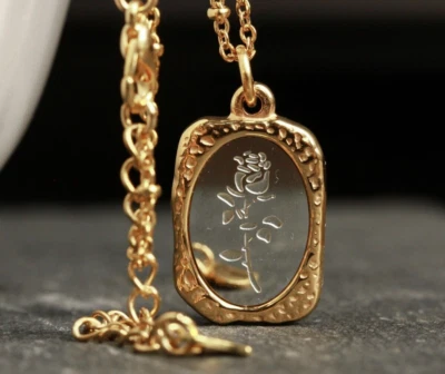 Edelstahlkette Rose Spiegel vergoldet Vintage Style Geschenkidee Frauen Mutter - Bild 1 von 4