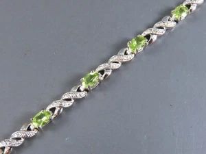 STERLING SILVER TENNIS BRACELET Green Peridot w/Natural Diamond Accent 7.25" - Picture 1 of 8