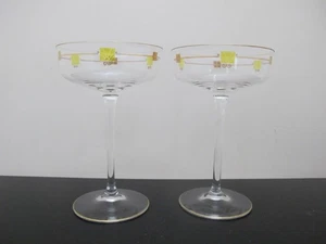 MCM Mid Century Modern Gold & Green Enamel Crystal MARTINI Coupe Glass Pair - Picture 1 of 7