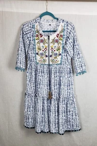 Boho Peasant Dress Womens M Blue White Embroidered Floral Pom Pom Trim Festival - Picture 1 of 7