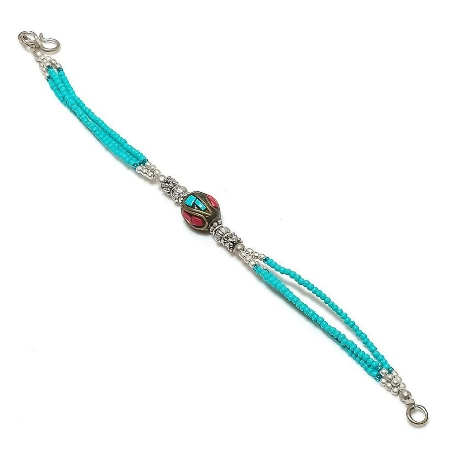 Türkis Koralle Chalzedon Armband Tibetisches Silber Perlen Schmuck 6 Zoll NSB... - Bild 1 von 4