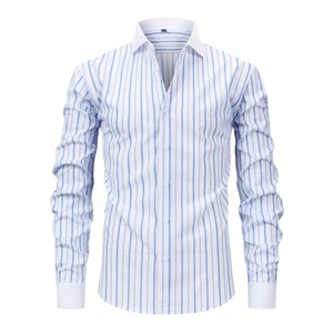 Mens Dress Shirts Formal Business Long Sleeves Elastic Striped Casual Shirts Top - Picture 1 of 14