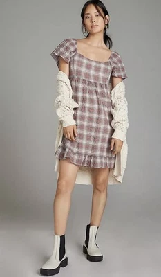 Anthropologie Maeve Flutter-Sleeved Flowy Mini Dress In Plaid Size L NWT Boho - Image 1 of 4