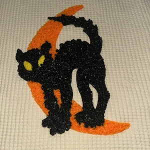 Vintage Black Cat On Orange Moon Melted Plastic Popcorn Halloween Decor 17.75" - Picture 1 of 6