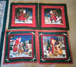 4 Handmade Christmas Santa Wall Hanging Cotton Fabric Panels 16" x 16" - Picture 1 of 2