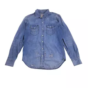 Camisa Polo Ralph Lauren Denim Western Pearl Snap Desteñida Desgastada M Estilo Reparación - Imagen 1 de 10