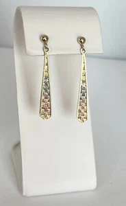 Women's Drop Dangle Rose, White & Yellow Solid 14k Gold Earrings - Picture 1 of 2