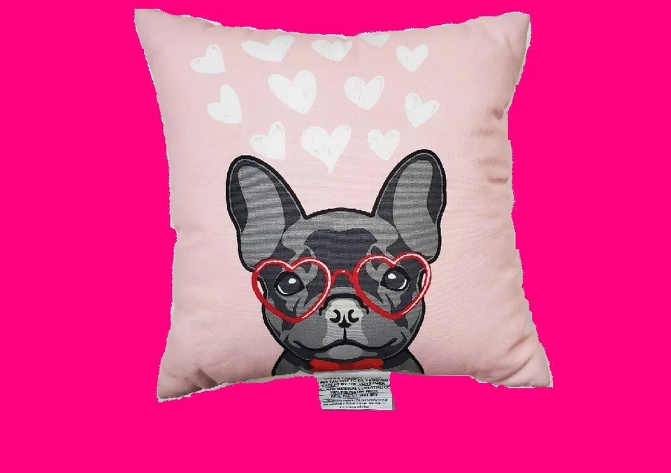NEW French Bulldog Frenchie Dog Pillow Cushion Decorative Valentines Hearts Pink - Image 1 of 1