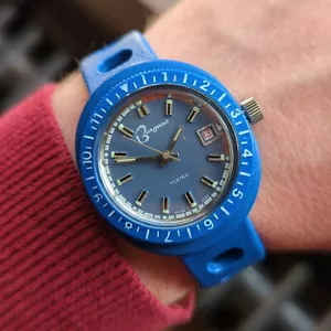 Vintage 1970s Burgana Polyamid Blue Skin Diver Mens Watch, Working (CN38) - Picture 1 of 13