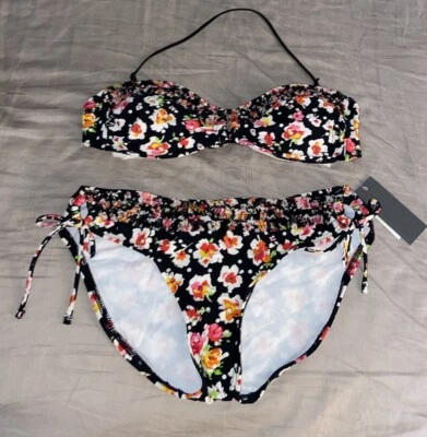 Kenneth Cole Reaction Floral 2 Piece Swimsuit Bandeau Bikini Top & Bottom M (B7) - Image 1 of 3