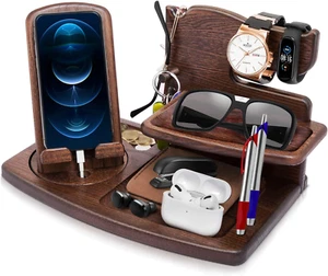 Regalo Uomo Compleanno Docking Station in Legno per Smartphone Supporto Portafog - Foto 1 di 12