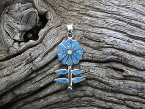 Flower Denim Lapis Sterling Silver 925 Multi Gemstone & Opal Pendant NEW D30 - Picture 1 of 9