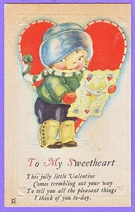 BOY WITH CARD VALENTINES GREETINGS POSTCARD - Picture 1 of 1