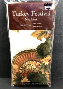 Turkey Festival Thanksgiving Fall Autumn Set of 4 Cloth Napkins 18" x 18" NEW - Picture 1 of 5