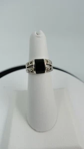 ANILLO VINTAGE PLATA ESTERLINA 925 ÓNIX NEGRO Y MARCASITAS TALLA 5 - Imagen 1 de 5