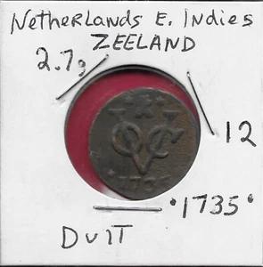 NETHERLANDS EAST INDIES,ZEELAND 1 DUIT .1735.CROWNED ARMS,SHIELD POINTED AT BOTT - Picture 1 of 2