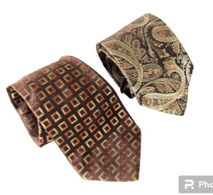 Neck Tie Lot Brown Classic Paisley and Retro Silk 2 Pieces Men's - Picture 1 of 4