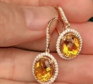 14K Yellow Gold Plated 2Ct Oval Cut Lab Created Citrine Hoop Women's Earrings