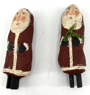 Arte Popular Papá Noel Adornos Papel Maché Lote de 2 Pintados a Mano Firmados DM 4.5" Foto 1 de 4