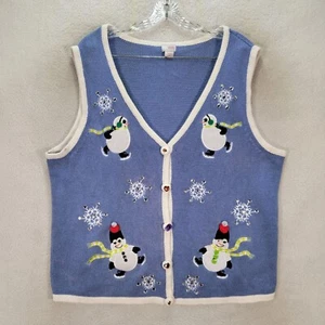 Vtg 90s Holiday Editions Snowman Ice Skating Winter Festive Womens Vest Size L - Picture 1 of 24