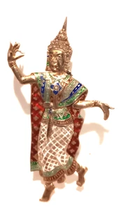 VINTAGE THAILAND STERLING SILVER & ENAMEL DANCING WOMAN BROOCH 2” 1/2 - Picture 1 of 11