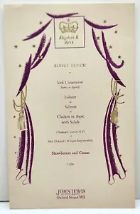1953 Menu Pranzo Incoronazione Regina Elisabetta II John Lewis Dept Store Londra C2 - Foto 1 di 2