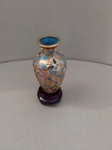 Vtg Asian Brass & Enamel Vase 2 1/2" Tall w/ Wooden Stand - Picture 1 of 6