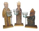 3 Kings Painted Wood Nativity Figurines Votive Candle Holder Mexico Folk Art 13"