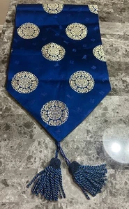 TABLE RUNNER, blue & gold, 78 by 13 inch, Chinese longevity symbol, tassels - Picture 1 of 10