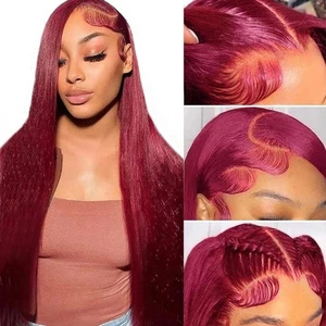 99j Burgundy 13x6 Lace Front Wigs Human Hair 30inch Straight Red Wigs Human H... - Picture 1 of 7
