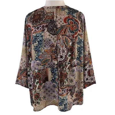 Blusa Joan Rivers World estampada texturizada manga longa marrom 1X nova 9544 - Imagem 1 de 4