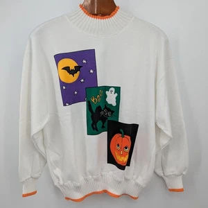 VTG NEW White Halloween L Sweatshirt Bat Cat Ghost Pumpkin Moon Spooky Cozy 90s - Picture 1 of 6