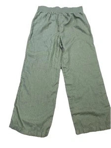Landsend Linen Pants Women's 14P Olive Green Elastic Waistband Mid Rise Wide Leg - Picture 1 of 10