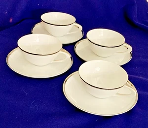 4 Sango PALLAS flache Tassen & Untertassen Fine China weißer Platinrand 5" Japan Vintage - Bild 1 von 11