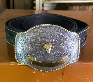 NOCONA BELT CO. Western Longhorn Bull Skull Belt Buckle and Belt Size 40 READ - Picture 1 of 7