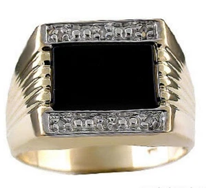 Mens Diamond & Onyx Ring Sterling Silver or Yellow Gold Plated - Picture 1 of 1