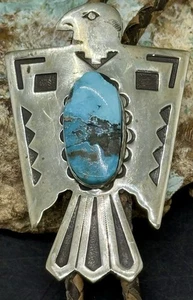 Schöne Vintage Navajo Bell Trading Sterling Türkis Peyote Vogel Design Bolokrawatte - Bild 1 von 19
