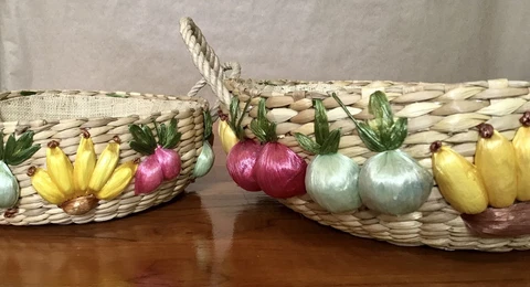 Mint Condition! Vintage MCM Raffia Decorated Fruit Basket 1960s - 70s Set Of Two Cover
