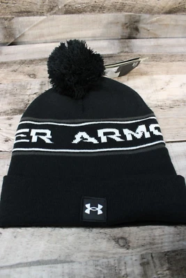 NUEVO CON ETIQUETAS UNDER ARMOUR Hombres "HalfTime Pom" Gorro Tejido-OSFM NEGRO/BLANCO Foto 1 de 4