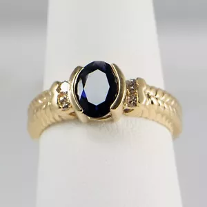 New- 14K Gold Ring with Oval Synthetic Blue Tanzanite and Diamonds - Picture 1 of 16