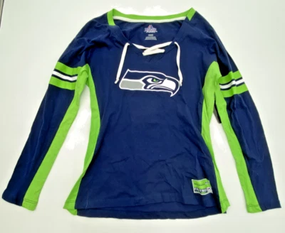 MAJESTIC SEATTLE SEAHAWKS WOMENS LACE UP V-NECK LONG SLEEVE SHIRT SIZE M, NWT - Image 1 of 4