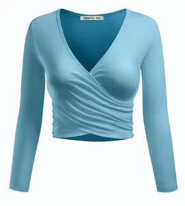 Women's Long Sleeve Deep V Neck Cross Wrap Crop Surplice Top - Picture 1 of 104